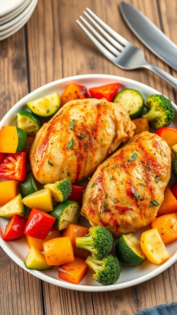 Healthy air fryer chicken with colorful roasted vegetables on a plate.